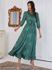 Tie Neck Floral Print  Belted Dress - Dark Green - View 1