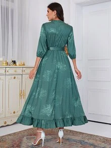 Tie Neck Floral Print  Belted Dress - Dark Green - View 2