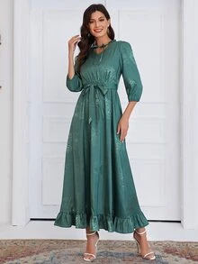 Tie Neck Floral Print  Belted Dress - Dark Green - View 5