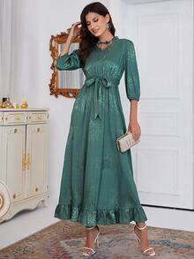 Tie Neck Floral Print  Belted Dress - Dark Green - View 6