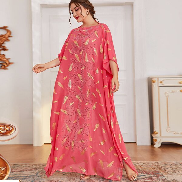 

Plus Leaf Pattern Sequin Detail Kaftan Dress, Watermelon pink