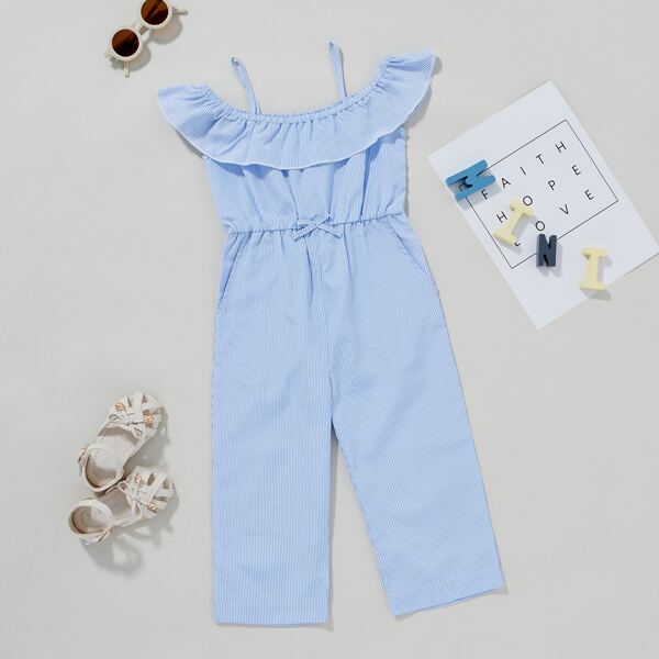 

Toddler Girls Striped Ruffle Trim Cold Shoulder Jumpsuit, Blue and white