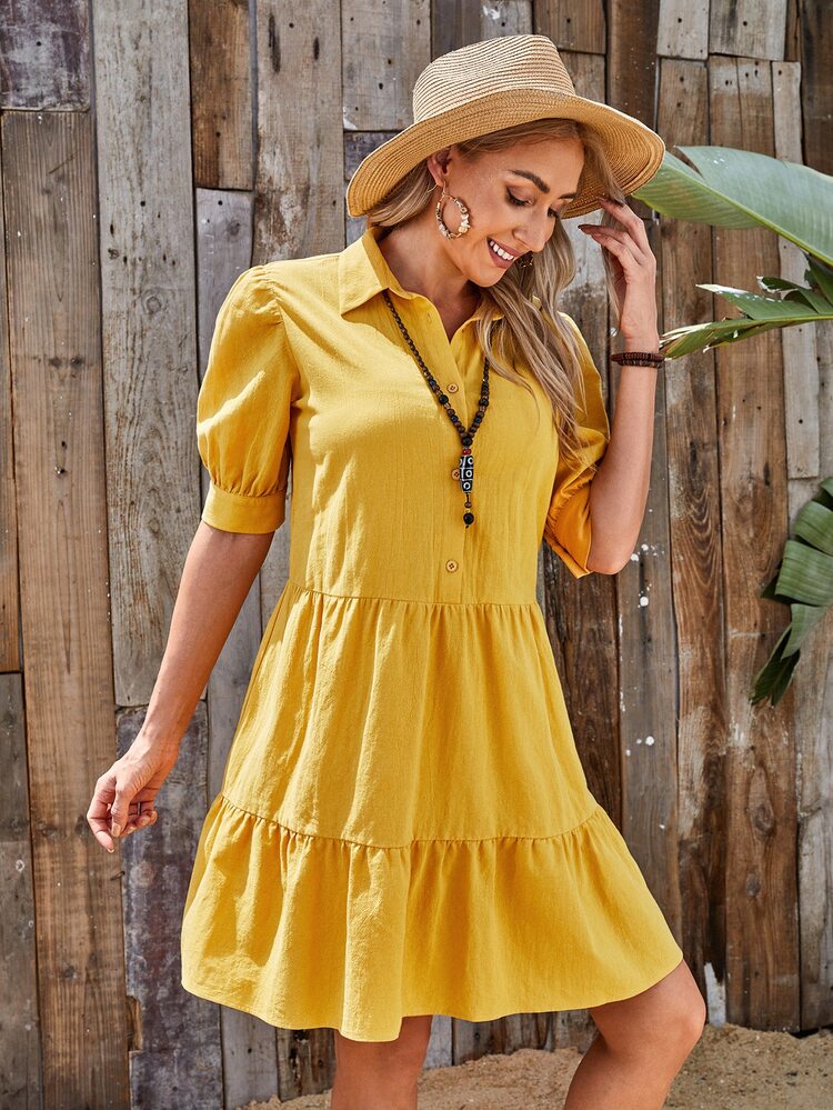 Kleid mit Puffärmeln, Knöpfen vorn und Schößchen - Gelb - Übersicht 2