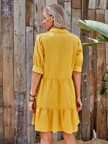 SHEIN Puff Sleeve Button Front Flounce Hem Dress - Yellow - View 3