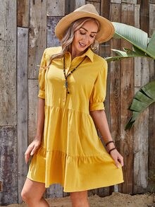 SHEIN Puff Sleeve Button Front Flounce Hem Dress - Yellow - View 5
