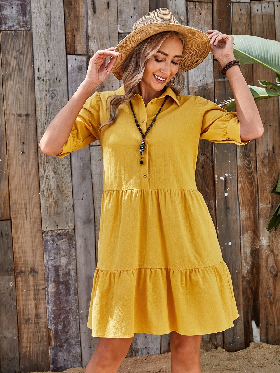 SHEIN Puff Sleeve Button Front Flounce Hem Dress - Yellow - View 1