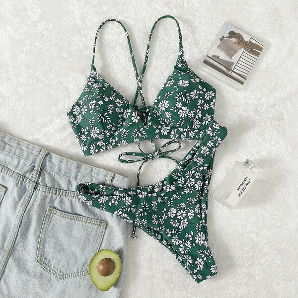 

Ditsy Floral V Neck Bikini Swimsuit, Dark green