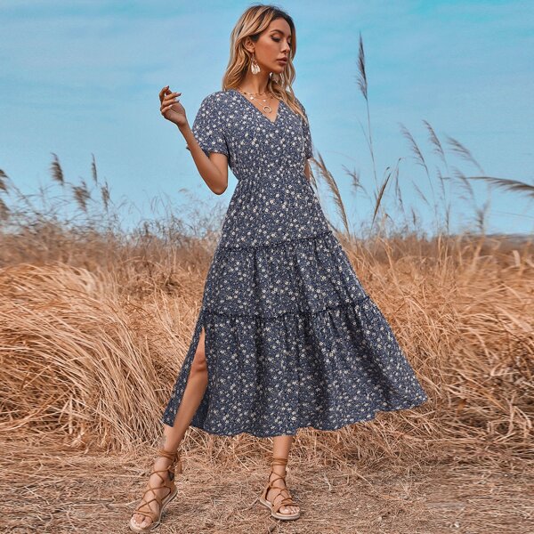 

Ditsy Floral Print V-neck Split Thigh Dress, Blue