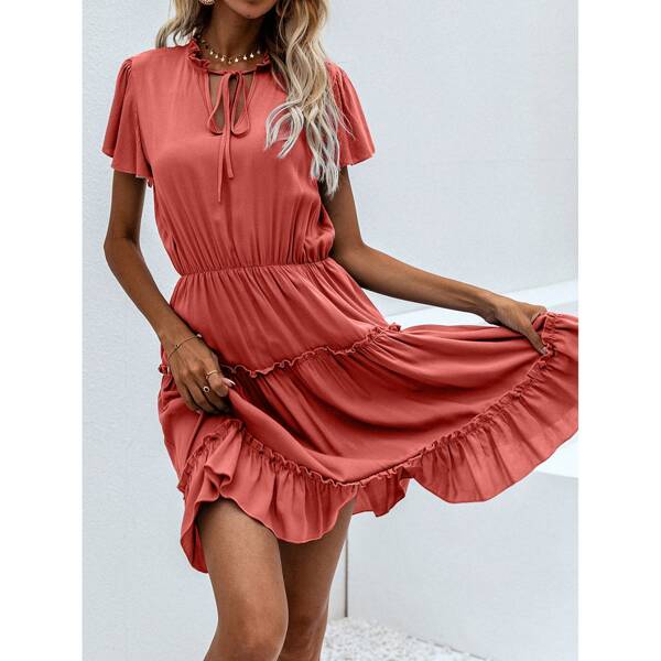 

Tie Neck Frill A-line Dress, Watermelon pink