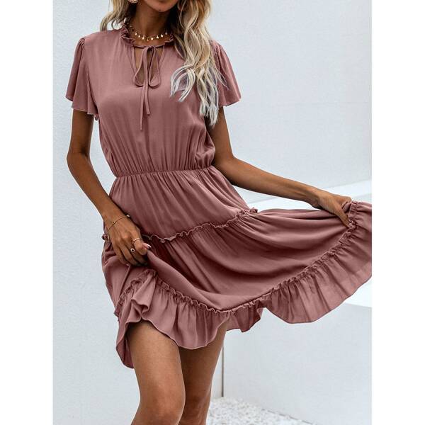 

Tie Neck Frill A-line Dress, Dusty pink