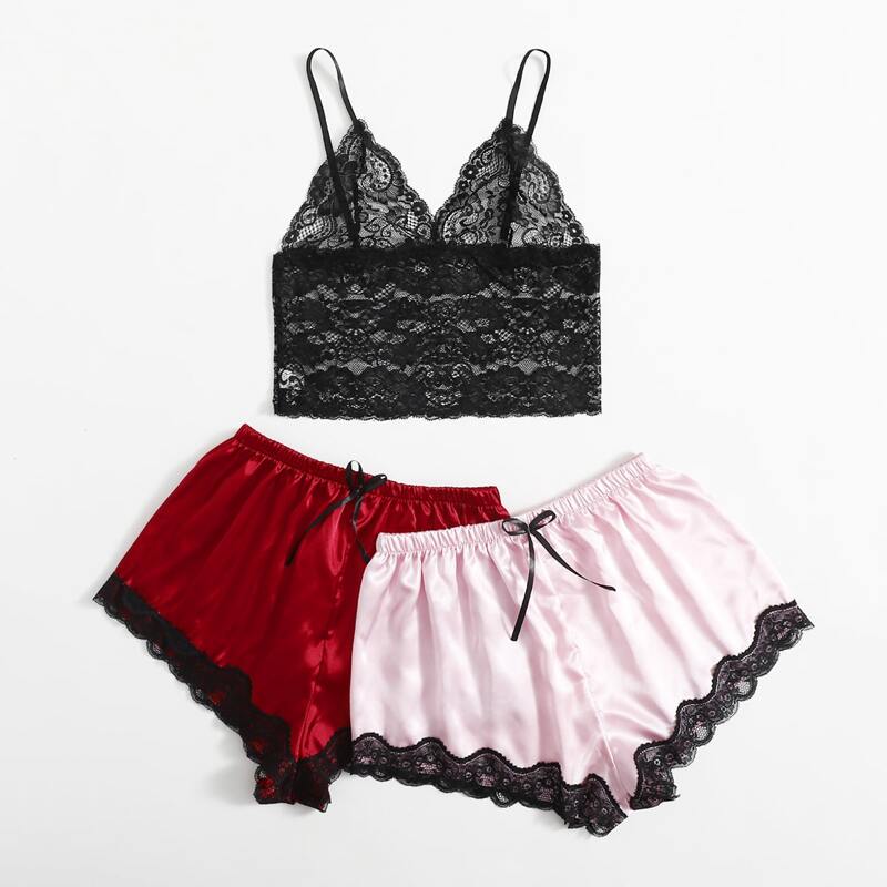 

3pack Contrast Lace Satin Lingerie Set, Multicolor