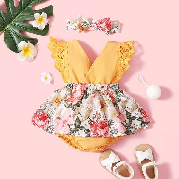 

Baby Girl Lace Panel Floral Print Dress & Headband, Multicolor