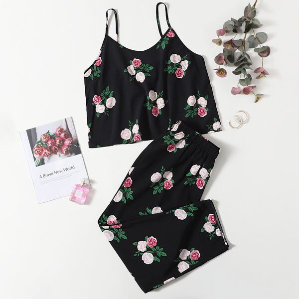 

Plus Floral Cami Pajama Set, Black
