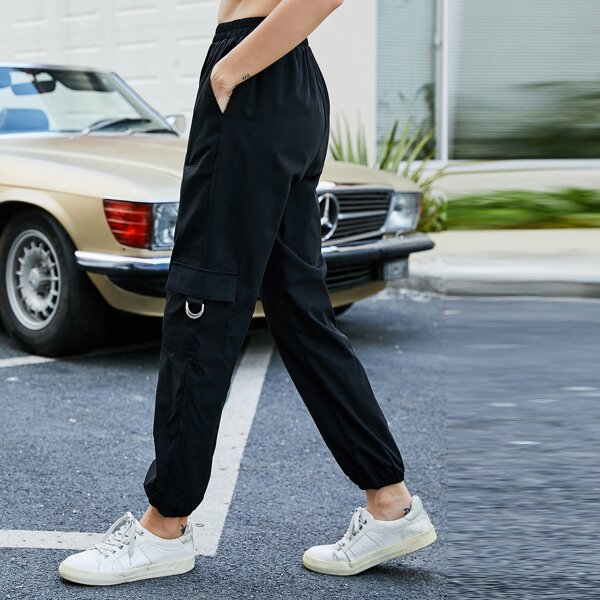 

Solid Flap Pocket Cargo Pants, Black