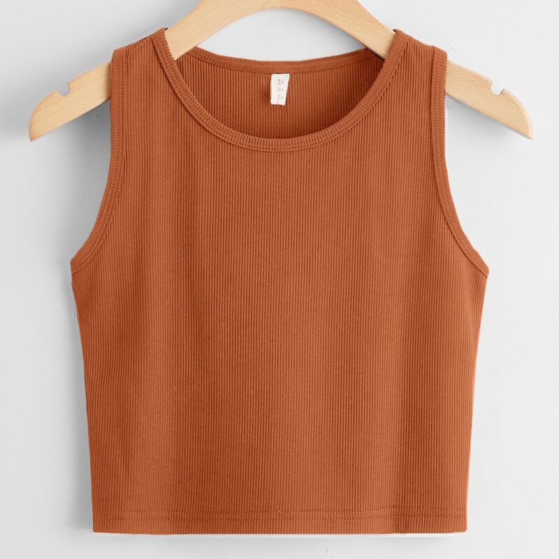 

Solid Ribbed Tank Top, Brown
