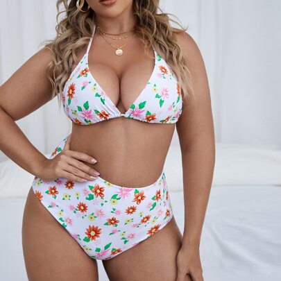 Plus Floral Print Halter Bikini Swimsuit