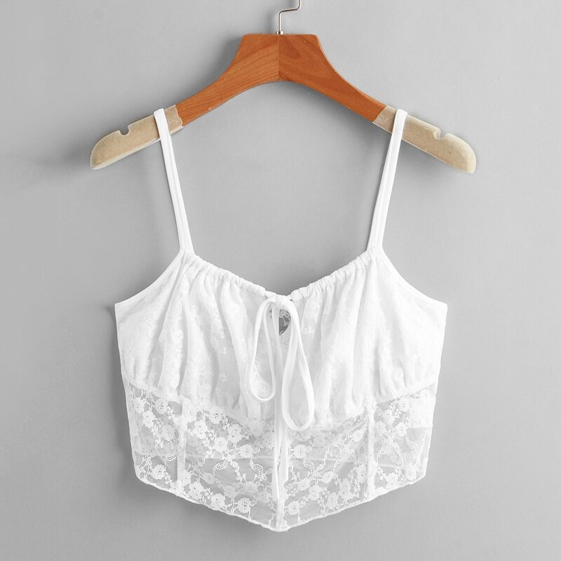 

Contrast Lace Tie Front Crop Cami, White