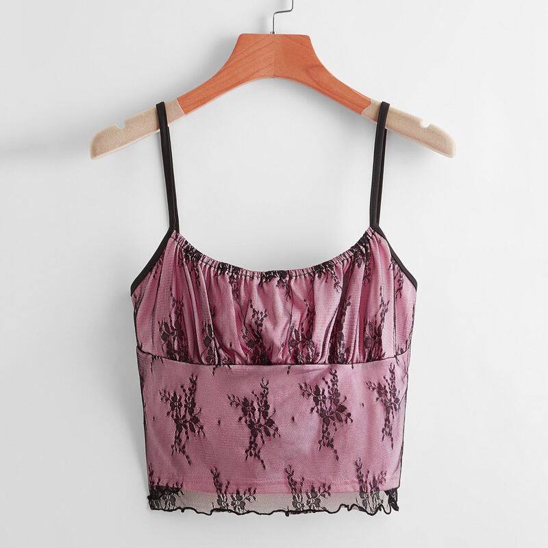 

Contrast Lace Ruched Bust Cami, Pink