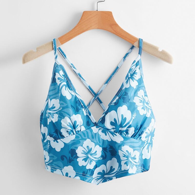 

Floral Print Criss Cross Crop Cami, Blue