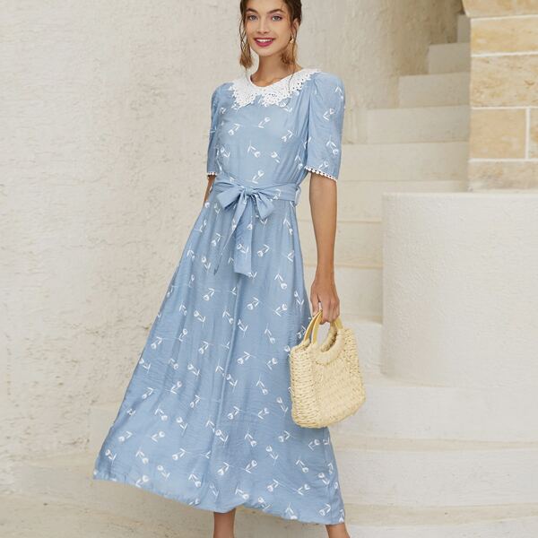 

Floral Print Contrast Collar Puff Sleeve Belted Dress, Baby blue