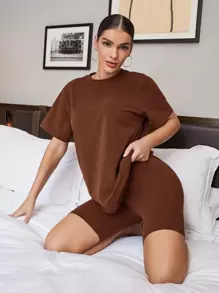 SHEIN BAE Solid Round Neck Top & Cycling Shorts Set - Coffee Brown - View 1