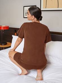 SHEIN BAE Solid Round Neck Top & Cycling Shorts Set - Coffee Brown - View 3