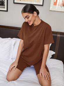 SHEIN BAE Solid Round Neck Top & Cycling Shorts Set - Coffee Brown - View 4