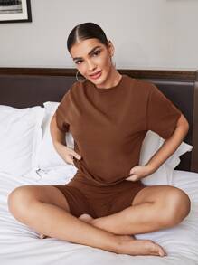 SHEIN BAE Solid Round Neck Top & Cycling Shorts Set - Coffee Brown - View 5