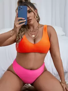 Plus Size Color Block High Waisted Bikini Set Summer Beach - Multicolor - View 1