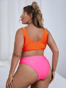 Plus Size Color Block High Waisted Bikini Set Summer Beach - Multicolor - View 2
