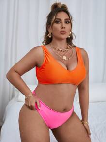 Plus Size Color Block High Waisted Bikini Set Summer Beach - Multicolor - View 4