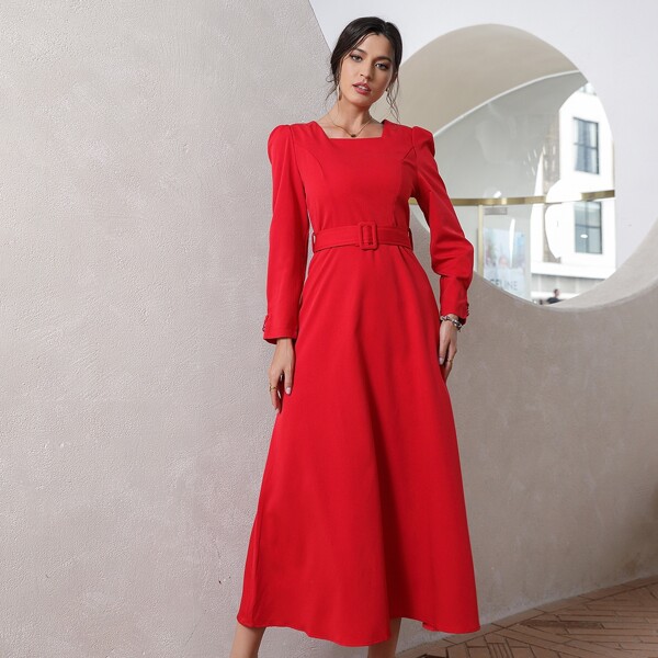 

Solid Puff Sleeve Belted A-line Dress, Burgundy