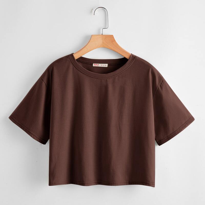 

Solid Drop Shoulder Crop Tee, Chocolate brown