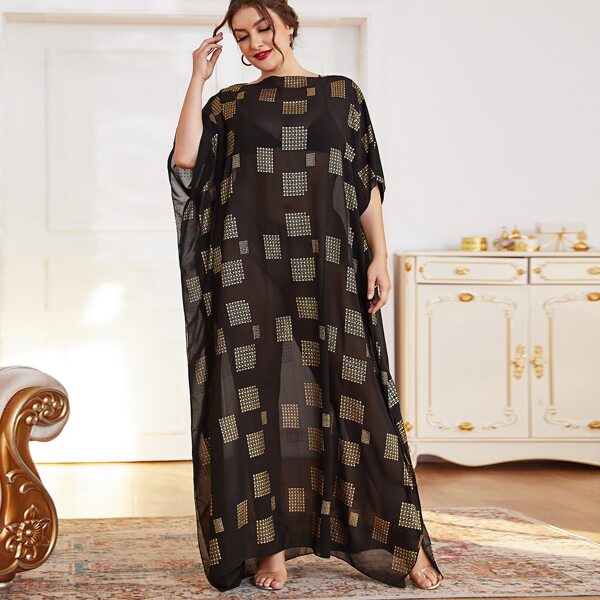 

Plus Geo Print Sheer Dress Without Lingerie, Black