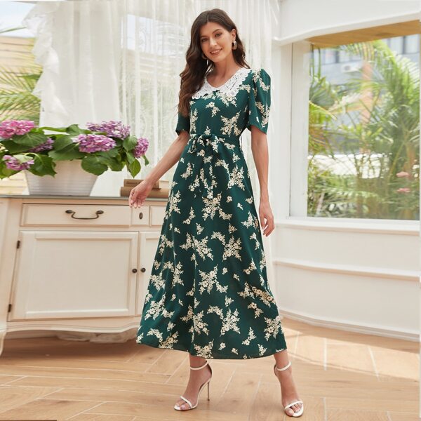 

Floral Print Lace Panel Puff Sleeve Belted Dress, Green