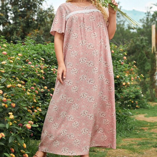 

Plus Allover Floral Print Lace Trim Tunic Dress, Pink