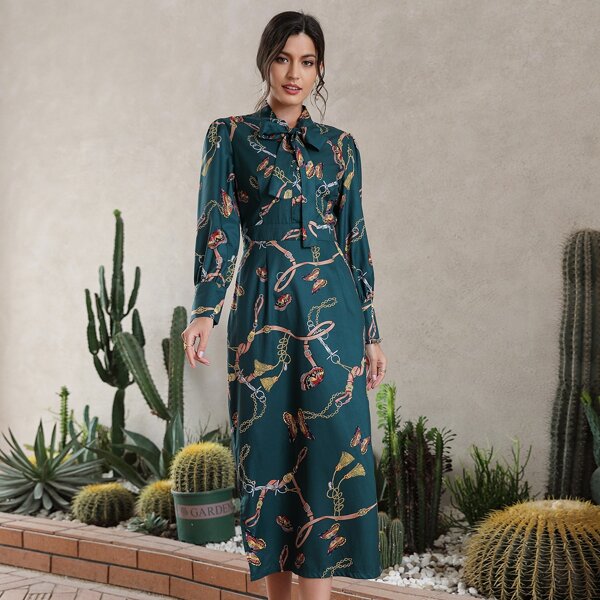 

Butterfly & Chain Print Tie Neck Dress, Dark green