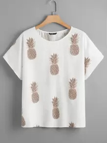 SHEIN LUNE Plus Pineapple Print Batwing Sleeve Top - White - View 1
