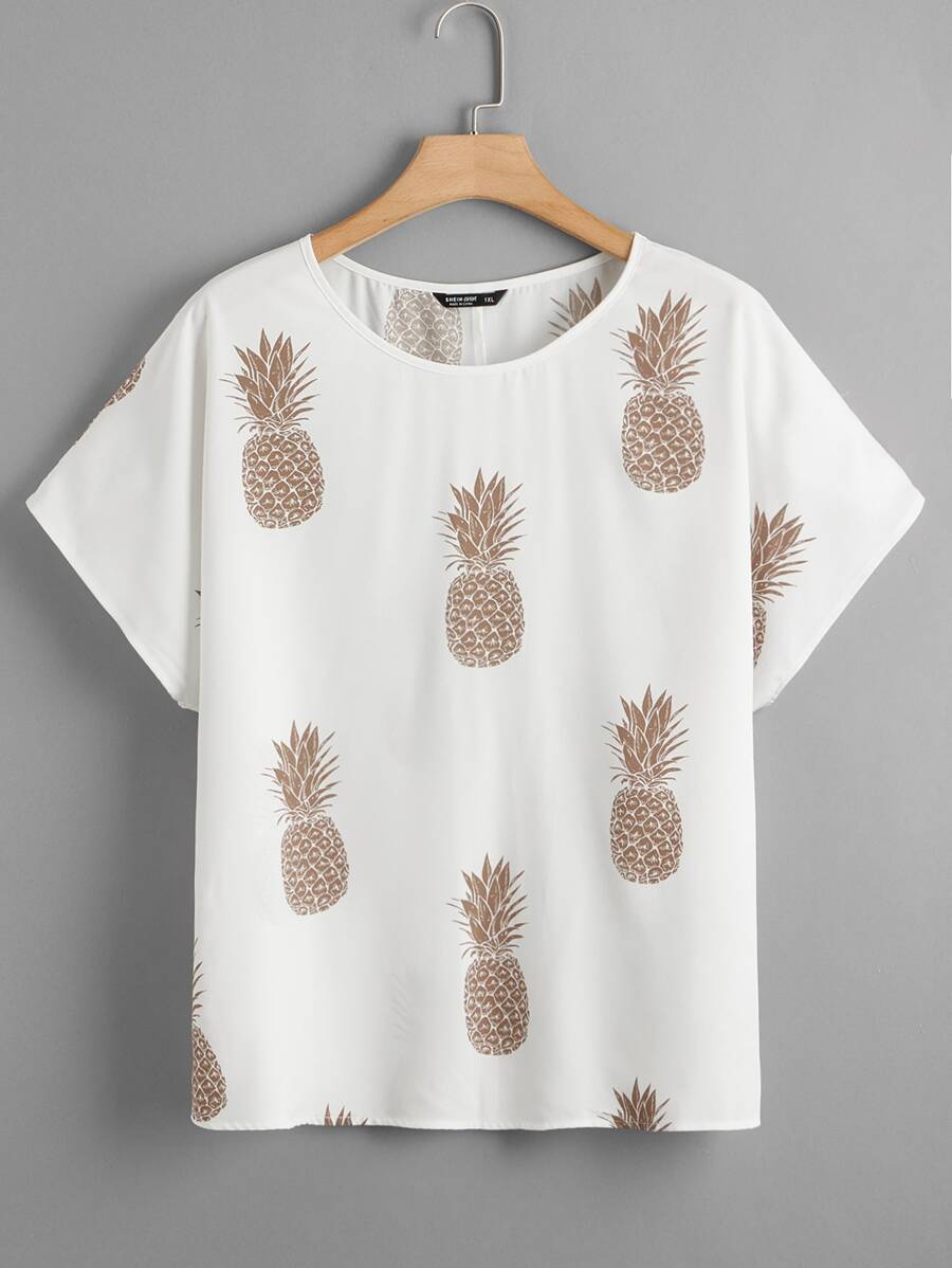 SHEIN LUNE Plus Pineapple Print Batwing Sleeve Top - White - View 1