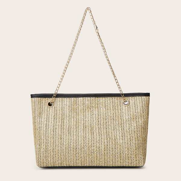 

Two Tone Straw Design Shoulder Tote Bag, Black