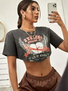 Letter And Heart Print Crop Tee - Dark Grey - View 1