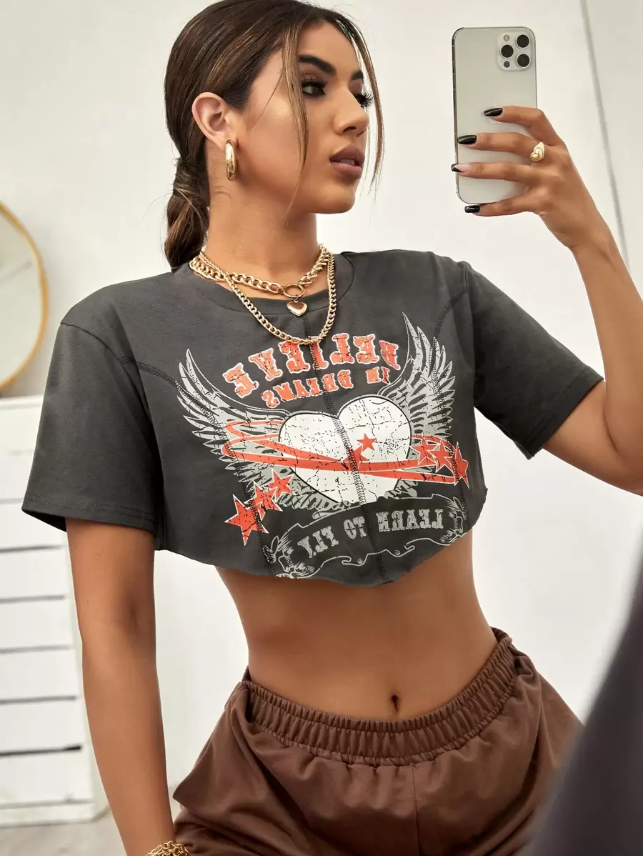 Letter And Heart Print Crop Tee - Dark Grey - View 1