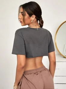 Letter And Heart Print Crop Tee - Dark Grey - View 2