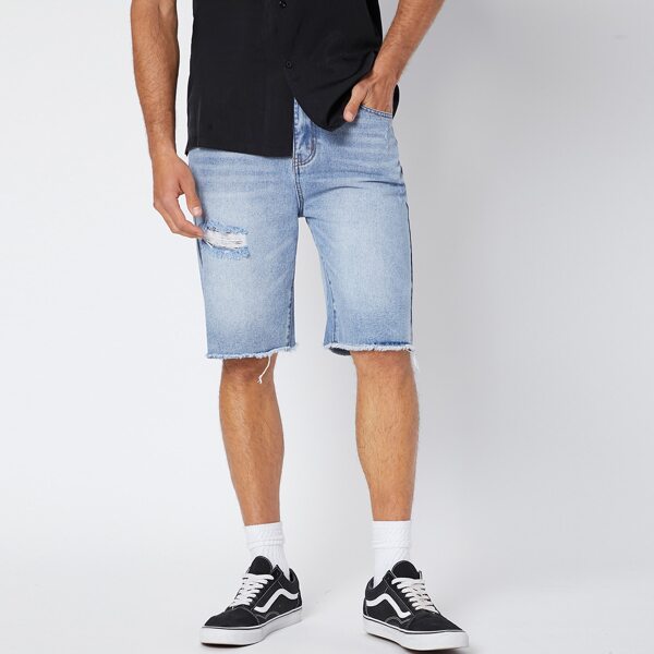 

Men Raw Hem Denim Shorts, Light wash