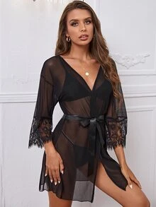 Bata con cinturón de malla transparente con tanga - Negro - Ver 3