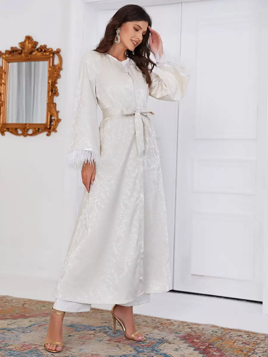 Al Najma Feather Trim Belted Abaya - Beige - View 1