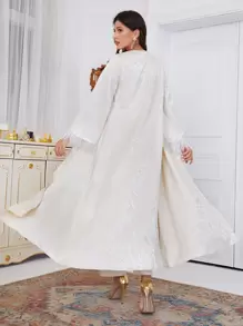 Al Najma Feather Trim Belted Abaya - Beige - View 2