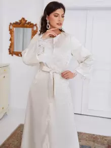 Al Najma Feather Trim Belted Abaya - Beige - View 3