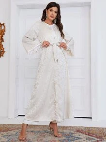 Al Najma Feather Trim Belted Abaya - Beige - View 4