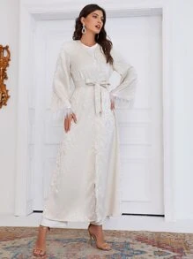 Al Najma Feather Trim Belted Abaya - Beige - View 5